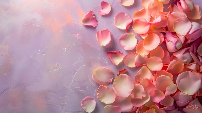 Rose petals on plain background, dried rose petals on grunge background, vibrant and bright rose petals