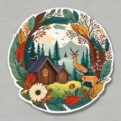 Circular Floral Wreath Stickers showcasing illustrations of woodland cabins