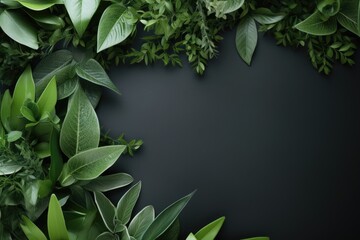 A creative frame made of fresh green leaves on a dark background, ideal for eco-themed designs. Lush Green Leaves Frame on Dark Background
