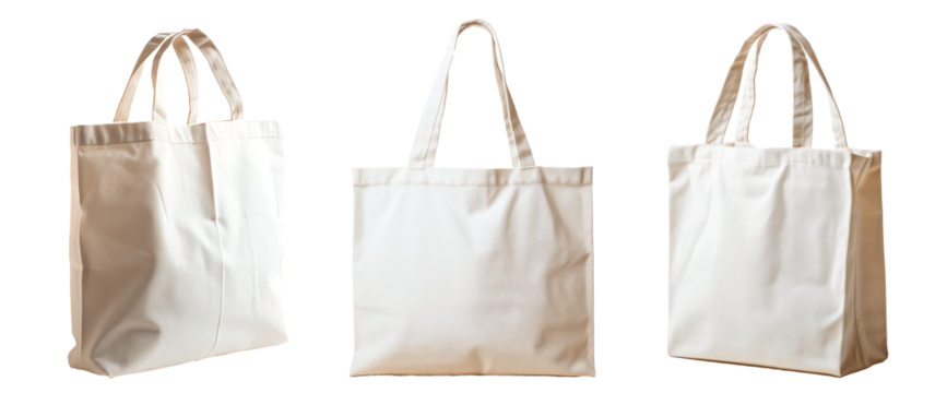 Three white bags with a patterned design Set of png elements.