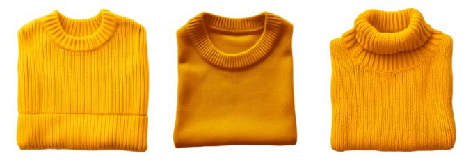 Three yellow sweaters are folded and stacked on top of each other Set of png elements.