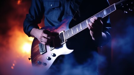 Guitarist's hands, up close, strumming an electric guitar, strings vibrating, mid - solo, rock...