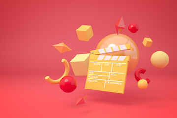 Clapperboard and shapes floating on red