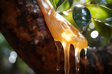 Artistic shot of a rubber tree with dripping latex, natural rubber extraction, focus on environmental and sustainable practices - obrazy, fototapety, plakaty