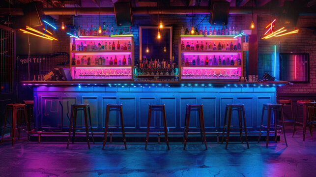 A neon bar with a neon sign above it - Powered by Adobe