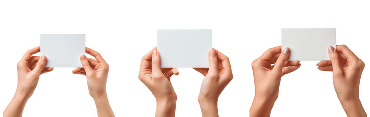 Three people holding white cards Set of png elements.