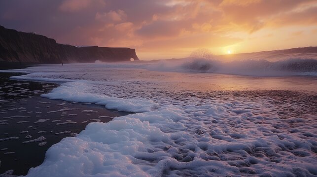 Panoramic beach golden sunset or sunrise with foamy waves. AI generated image