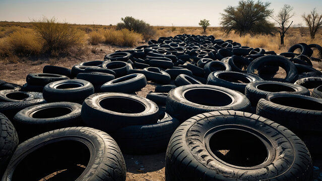 A large pile of old tires is scattered across a field