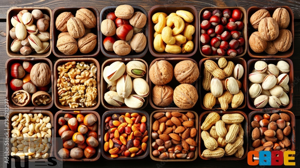 Aufkleber assorted nuts in top view creating a natural background texture from varied nut types