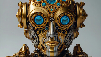 Fototapeta na wymiar A robot head with gold and blue eyes