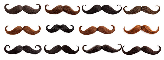 A row of fake mustaches with different colors Set of png elements.