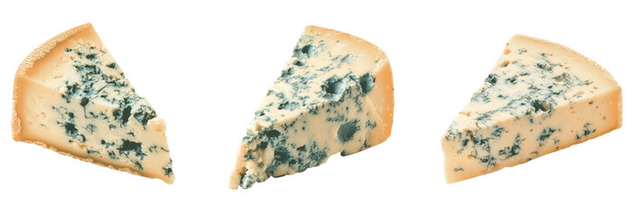 Three slices of blue cheese are shown on a white background Set of png elements.