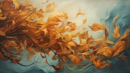 Leaves rustling in a strong breeze, captured in motion, giving a sense of the winds invisible force and the change of seasons - obrazy, fototapety, plakaty
