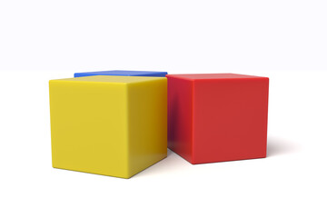 Three dimensional blocks of red, blue, and yellow