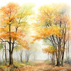 Misty deciduous woods, soft hues of autumn leaves, serene and detailed, creating a tranquil border, isolated on white background, watercolor