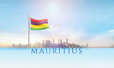 Mauritius national flag waving in beautiful building skyline.