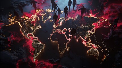 3D rendering of people walking on a glowing world map with red cracks. - obrazy, fototapety, plakaty
