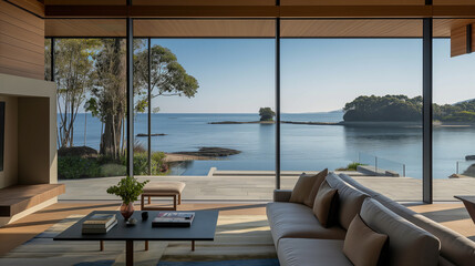 Fototapeta premium Living room design a lake front property, Home design beside of the lake,