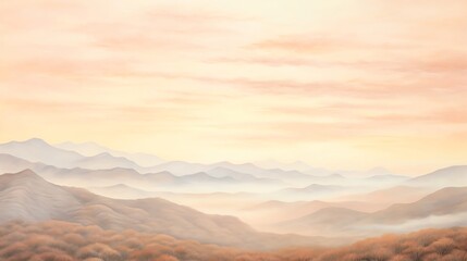 Rolling hills at dawn, soft pastels of the morning sky blending with earthy mountain tones, serene border, isolated on white background, watercolor