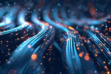 Close-up of fiber optic cables transmitting pulses of light, data flow visualization - obrazy, fototapety, plakaty
