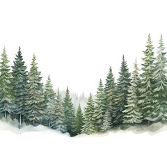 Obraz premium Snowflakes falling on mountain pines, a wintery mix of whites and dark greens, serene and detailed, forming a chilly border, isolated on white background, watercolor