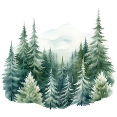 Snowflakes falling on mountain pines, a wintery mix of whites and dark greens, serene and detailed, forming a chilly border, isolated on white background, watercolor