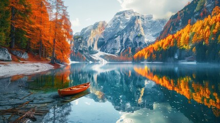Beautiful lake in colorful autumn with mountains landscape background. AI generated image