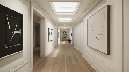 Elegant gallery-inspired hallway with modern artwork and skylights
