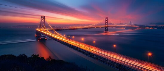 Elegant Bridge at Twilight:Dramatic Suspension Bridge Aglow in Vibrant Sunset Hues,Tracing Car Headlights Across the Water