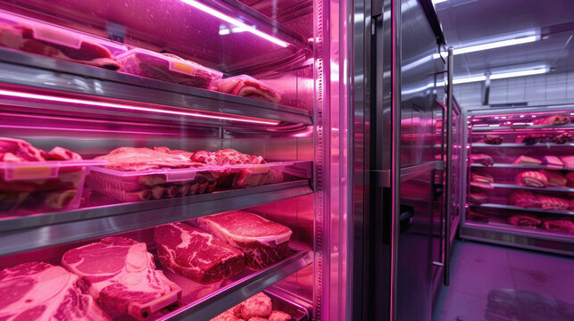 A meat display case with pink lights
