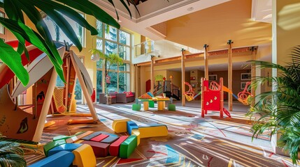 Kids club in the hotel with play areas and entertainment for kids. Interior, tiles, toys, locks for children, entertainment, kindergarten. Advertising image concept for hotels. Generative by AI