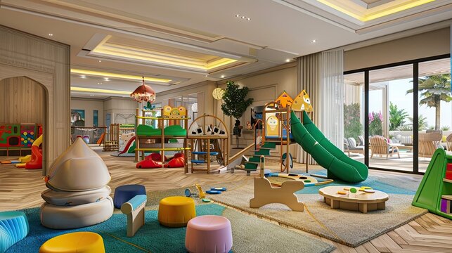 Kids club in the hotel with play areas and entertainment for kids. Interior, tiles, toys, locks for children, entertainment, kindergarten. Advertising image concept for hotels. Generative by AI