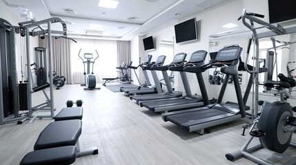 Fototapeta na wymiar Modern gym in the hotel with professional equipment. Comfort, minimalist, tiles, marble, exercise equipment, luxury, treadmills. Advertising image concept for hotels. Generative by AI
