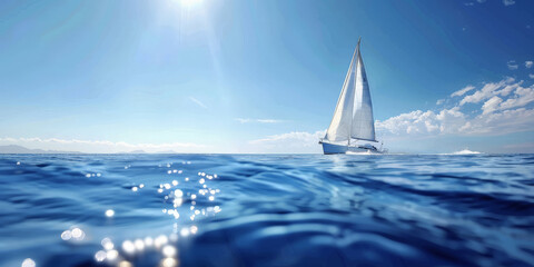 A sailboat on the open sea with a clear blue sky and sunlight in the background. white boat on blue sea