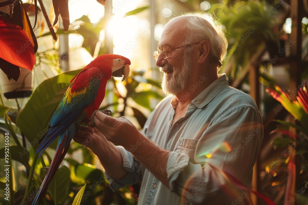Aufkleber senior man with his face not visible feeding a scarlet macaw with a backdrop of lush greenery in sof