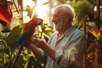 Senior man with his face not visible feeding a scarlet macaw with a backdrop of lush greenery in...