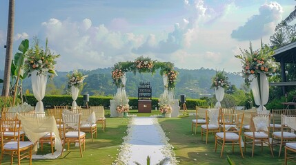 Outdoor venue for wedding ceremonies with a picturesque wedding altar and colorful landscape. Marriage, no one, petals, romance, nature. Concept of starting a life together. Generative by AI