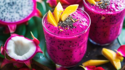 A vibrant dragon fruit smoothie, with blended dragon fruit, mango, and coconut water, topped with chia seeds and sliced fruits, offering a refreshing and nutrient-packed drink option. - Powered by Adobe