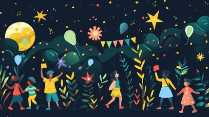 Children are enjoying an enchanted outdoor nighttime party with balloons and decorations