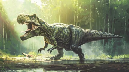 AI-generated majestic dinosaurs in a prehistoric landscape. Tyrannosaurus, t-rex. The concept of time when dinosaurs ruled the Earth.