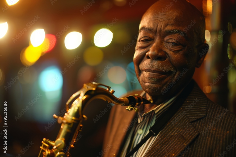 Poster a jazz musician with his saxophone, deeply immersed in the performance on a stage with bokeh lights
