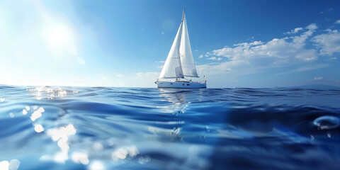 A sailboat on the open sea with a clear blue sky and sunlight in the background. white boat on blue sea - obrazy, fototapety, plakaty