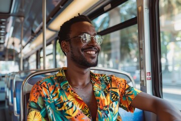 A joyful man wearing a vibrant tropical shirt seated inside a bus on a sunny day, radiating happiness and comfort