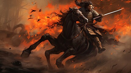 A samurai on horseback enters battle with a war banner. Japanese aesthetics, mount, sword, katana, silhouette, plate armor. Concept of a rider and his horse. Generative by AI
