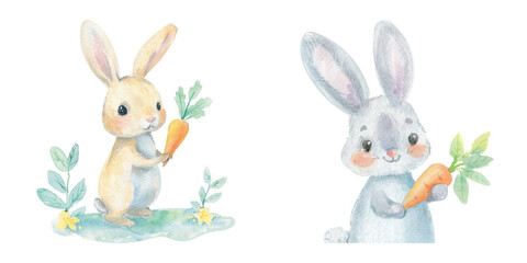 cute rabbit holding carrot wtaercolor vector illustration