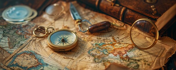 A still life image of a vintage world map with a compass, magnifying glass, and pocket knife on top of it. - obrazy, fototapety, plakaty