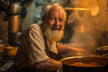 An older chef with a long beard is tasting a dish in a dimly lit, atmospheric professional kitchen - obrazy, fototapety, plakaty