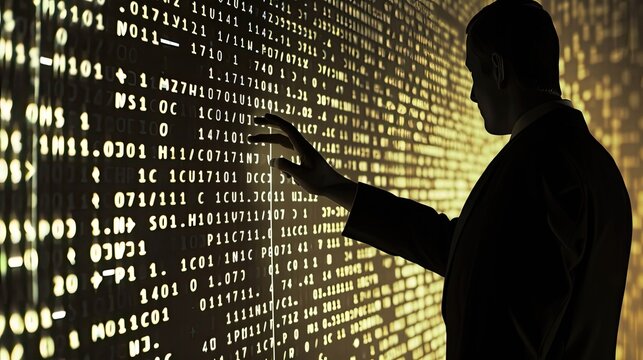 A secret agent deciphers a complex code on a digital screen. Tracking down criminals, data flows, special agent, cybersecurity, specialist at work. Matrix concept, cyber space. Generative by AI