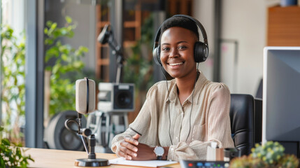 Happy african female host streaming live podcast inside her studio - Broadcast and interview concept - Models by AI generative