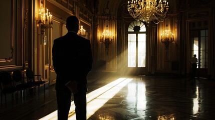 A shadowy figure gathering intelligence at a diplomatic event. Silhouette, many people, secret agent, secret organization. The concept of secret agents and spies in their tracks. Generative by AI